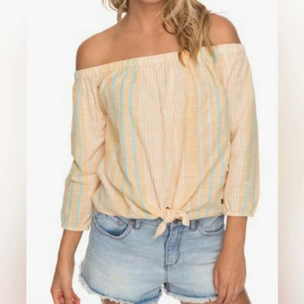 Roxy Crossing Stripes Off The Shoulder Cotton Top, Tie Hem, Lightweight, EUC!